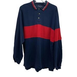 Fruit of the Loom Mens Long Sleeve Navy Red Stripe Polo Rugby Shirt Size XL READ